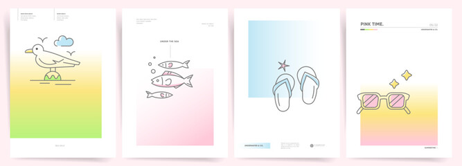 Summer Gradient Backgrounds with Beach and Vacation Elements - Fishes, flip-flops, sea bird and sunglasses. Minimal Simple Design Modern Soft Gradient for Poster, Flyer, Banner, Presentation. 