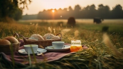 Fototapeta premium enjoying a picnic in a scenic spring meadow.