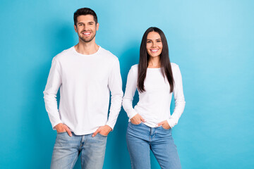 Photo portrait of nice young guy girl shopping season clothes promo model wear trendy white clothes...