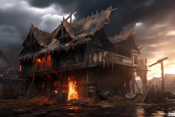 Obraz premium Middle ages, burned down the wooden building. Beautiful illustration picture. Generative AI
