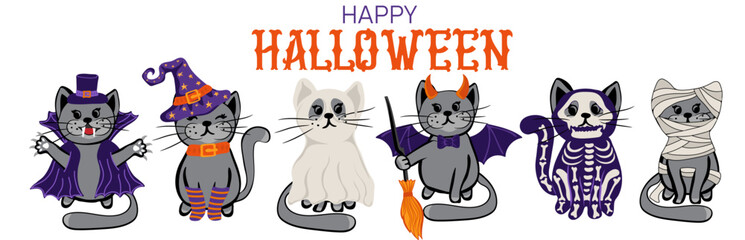 Halloween Cats Costume Party. Set of cute cats in spooky outfits. Vector illustration.