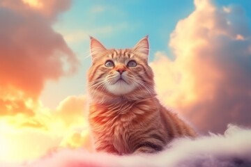 Cute cat in majestic vibrant clouds in the sky. Beautiful illustration picture. Generative AI