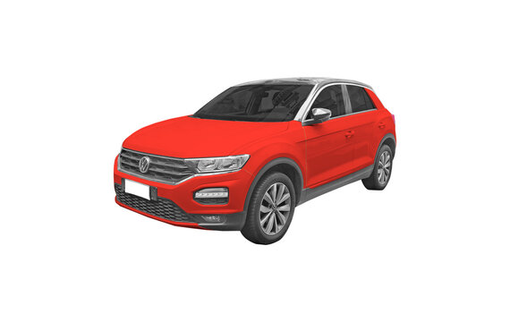 FRONT view of red car isolated on white, VOLKSWAGEN t-roc png transparent background

