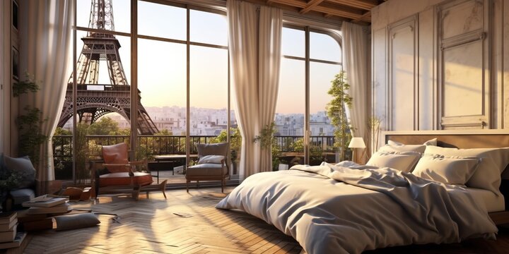 Illustration Of Modern Bedroom With Big French Windows