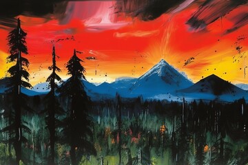 Fototapeta na wymiar Oil painting. Forest and mountains on sunset dramatic sky. Beautiful illustration picture. Generative AI