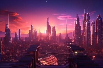 Fototapeta na wymiar At night. Futuristic city skyline in synthwave style. Beautiful illustration picture. Generative AI
