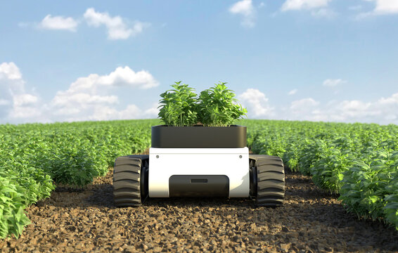 Agricultural robots work in smart farms, Smart agriculture farming concept.