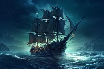 Naklejka premium Huge pirate ship in the storming sea at night. Beautiful illustration picture. Generative AI