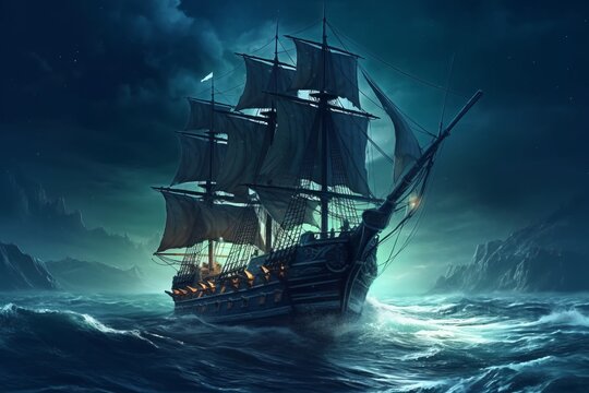 Huge pirate ship in the storming sea at night. Beautiful illustration picture. Generative AI