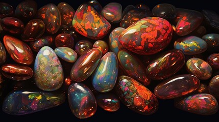 Opal boulder. A closeup of a heap of beautiful of various smooth stones. Generative AI. Illustration for brochure, cover, poster, presentation, flyer or banner.