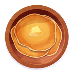 Pancakes stack with butter top view in wooden plate in cartoon style isolated on white background. Circle dessert, breakfast. 