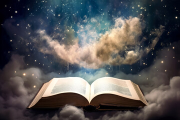 Open magic book book bursting with sparking magic, light in the night sky, starry sky and clouds, whimsical magic. Generative Ai.