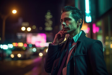 Confident executive man with suit checking his mobile phone about work issues standing in a street full of skyscrapers and Neon lights at city night on background. Generative AI