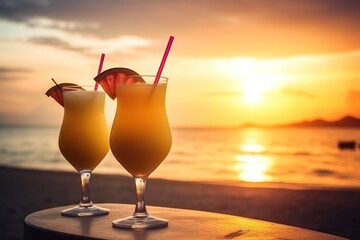 Sipping Exotic Summer Cocktails at a Luxurious Tropical Beach Resort at Sunset: A Blend of Party, Vacations, and Summertime Bliss