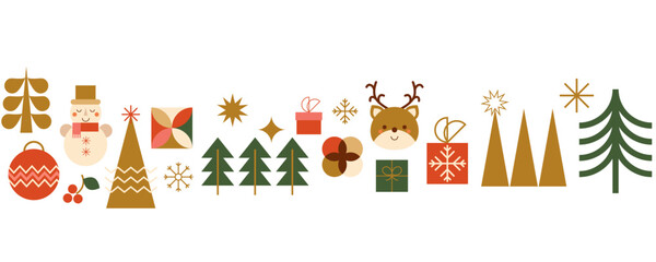Obraz premium Christmas horizontal seamless border with winter holiday mosaic decorative elements. Geometry Christmas tree, gifts, snowmen, deer, snowflakes icons. Long repeat banner. New Year vector illustration