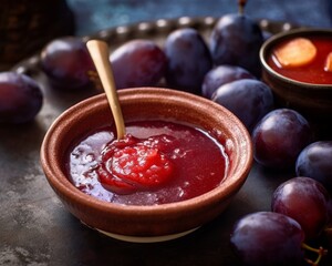 plum sauce in a ceramic bowl with a spoon, surrounded by fresh plums