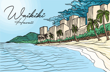 Waikiki Beach, Hawaii Background Vector 
