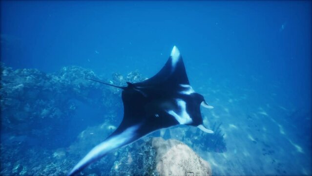 majestic manta ray glides over a vibrant coral reef in a tropical sea