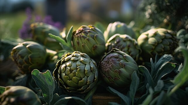 artichokes piled together at a local farmer's market, showcasing their unique textures
