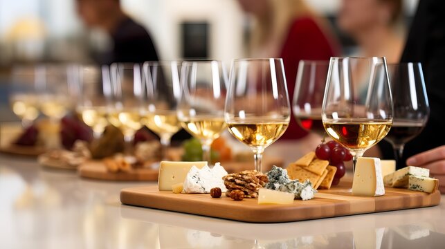 Generative AI. Wine and Cheese Pairing Class: Diverse Group Engrossed in Flavors