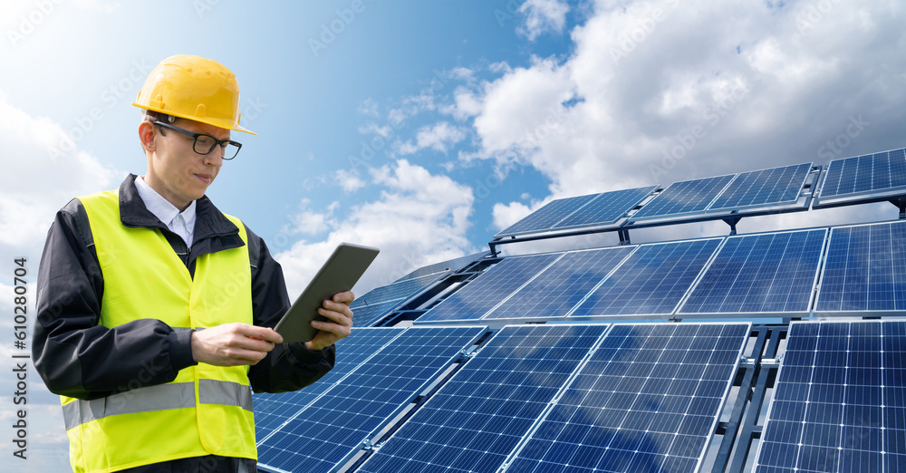 Poster Engineer with tablet computer on a background of mobile solar energy power station