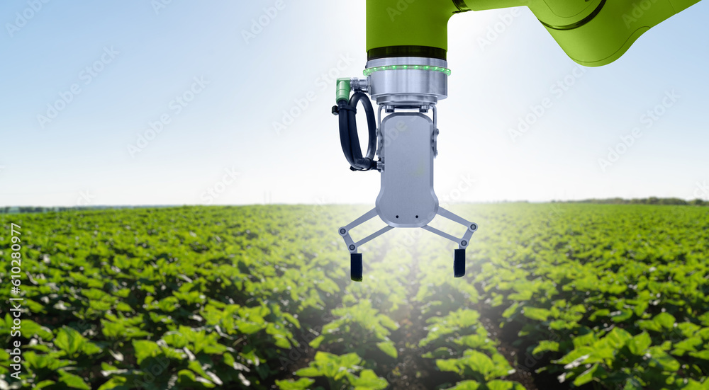 Poster robot is working on agricultural field. smart farming and digital agriculture 4.0