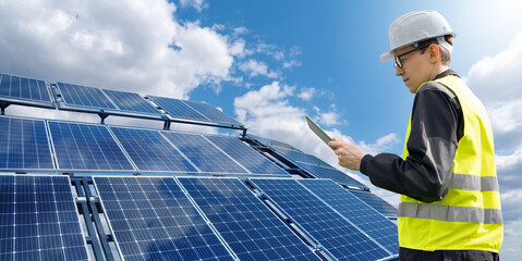 Engineer with tablet computer on a background of mobile solar energy power station
