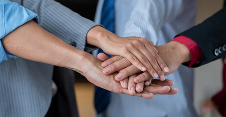 banner of teamwork putting join hands together. Unity and teamwork show by Stack mix of hands with Spirit diversity solidarity team Partner. Join hand together teamwork meeting empower.