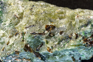 Rock with peridot olivine mineral, black background. Close-up, macro