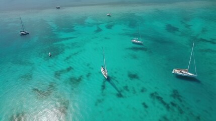 Sailboats sailing on a sea of turquoise clarity. Captured by an aerial drone. Generative AI