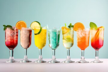 Set of fresh cocktails and tropical juice drinks. Generative AI