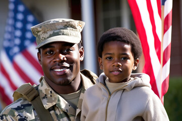 African american soldier holding son on arms, happy, back home, return, veteran, family, diversity, usa flag, generative ai
