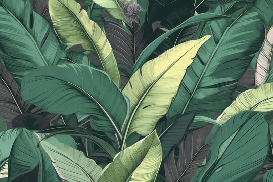 Green palm, banana tropical leaves, exotic abstract background. Generative AI
