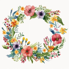 Watercolor wreath made with colorful wildflowers and leaves on white paper background. Floral illustration for web, invitations and greeting or save the date cards. Generative Ai.