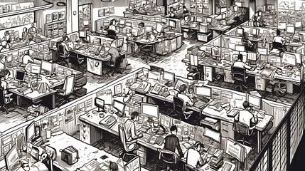 A bustling office floor with rows of cubicles and desks. AI Generative