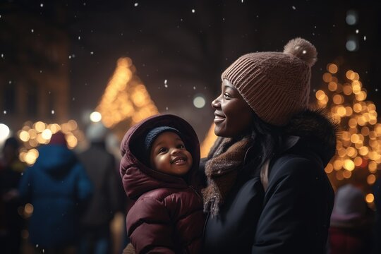 Mother and girl next to a Christmas tree at night. AI generative