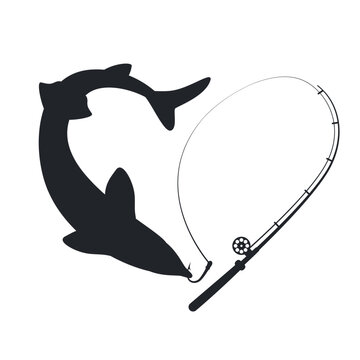 Fishing Symbol. Sturgeon Fish Caught On Spinning Form A Heart Shape. Vector Icon Black On White