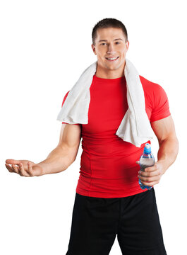 Handsome athletic man with the towel on neck throws