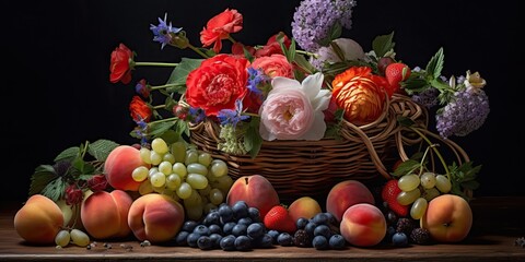 Obraz na płótnie Canvas Summer fruits and flowers, generative ai