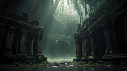 Ancient ruined temple in the jungle, Generative AI	
