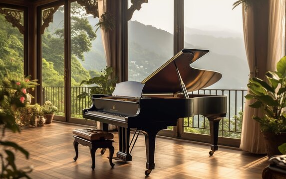 A beautiful grand piano on terasse with plants and view of the mountains