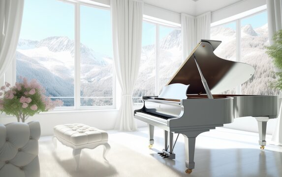 Luxury a white grand piano in light room with a panoramic windows