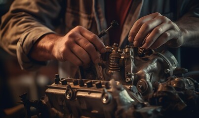 Fototapeta na wymiar A close-up of a mechanic's hands while they work on an automobile engine. Generative AI