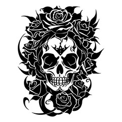 Vector black ink of human skull and roses, silhouette design, isolated tattoo or t-shirt design of skull and flowers on white background.