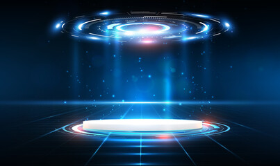 Futuristic pedestal or portal and hologram podium in cyberspace. Fantastic Circle portals, holograms teleport gadgets. Sci-fi digital hi-tech in glowing HUD projector for presentation product. Vector