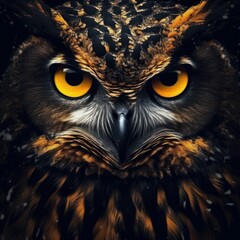 A majestic owl with piercing yellow eyes close-up