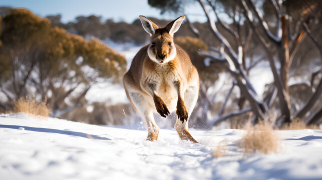 "Snowy Kangaroo": A striking image of a kangaroo hopping through a snow-covered landscape.