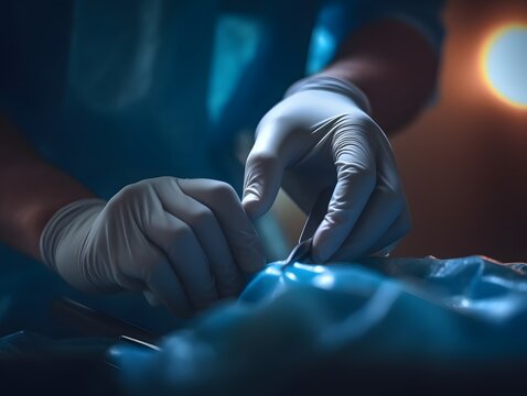 A close-up shot of a surgeon's gloved hands performing a delicate operation. Generative AI