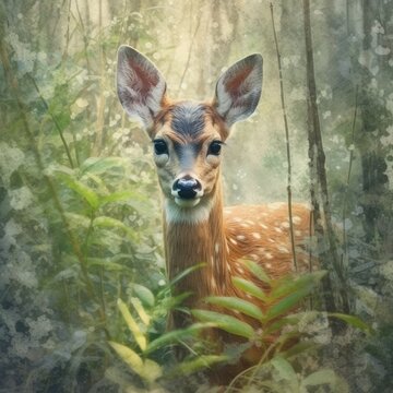 Cute deer with big eyes and ears in the forest close-up