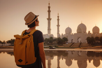 travel to the United Arab Emirates, Happy young asian female traveler with backpack and hat in Wahat Al Karama or Oasis of Dignity, permanent memorial for its martyrs, and Shaikh Zayed Grand Mosque.